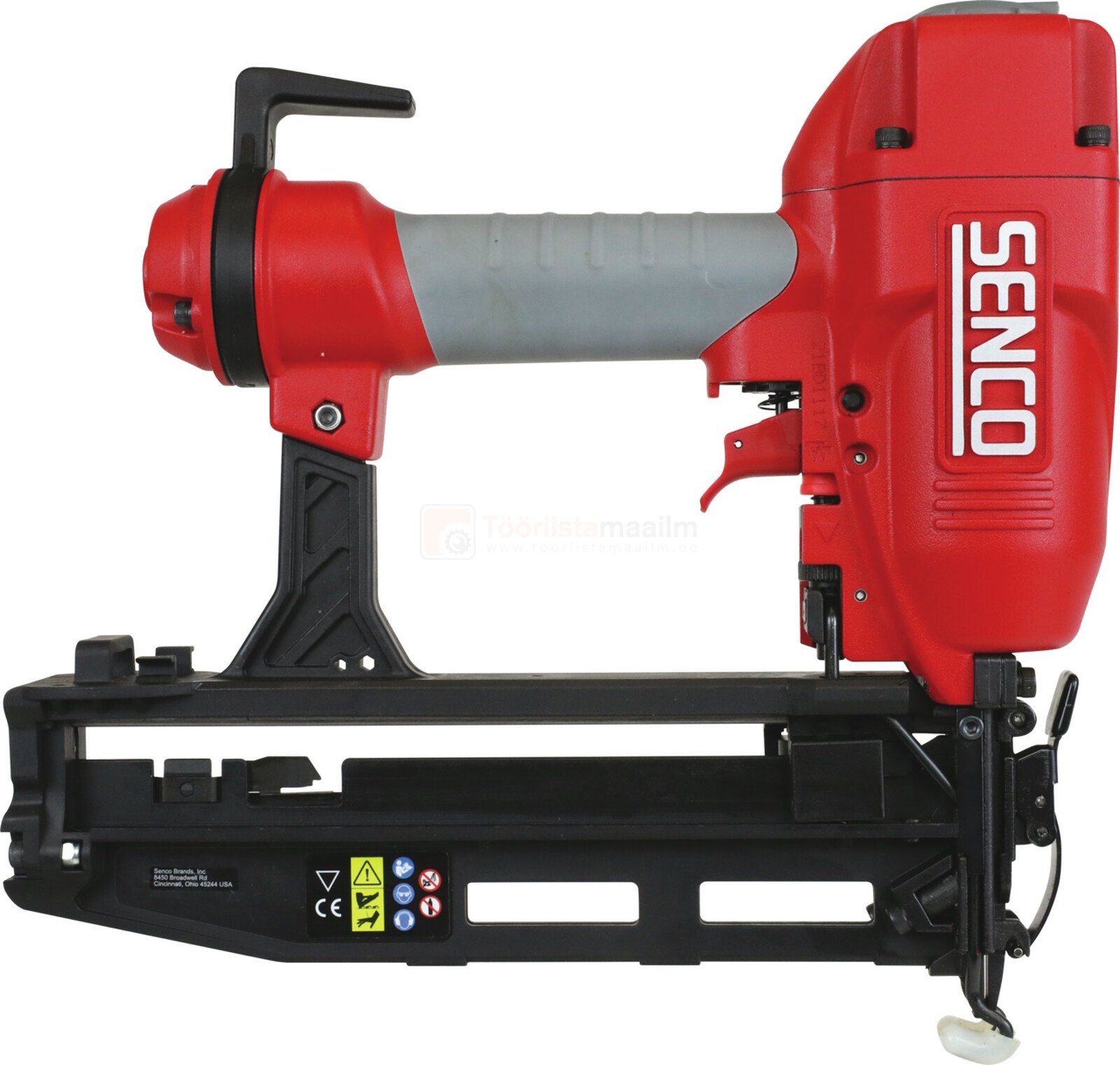 Pildil on punane SENCO FinishPro16XP liistunaelapüstol, millel on hall käepide ja mustad detailid.