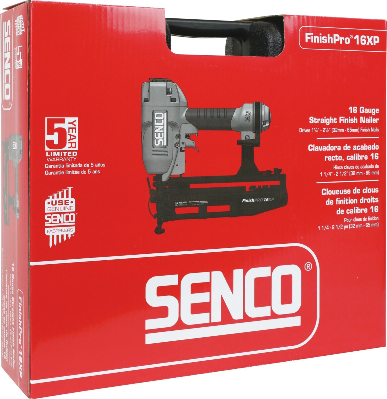 Pildil on punane karp, millel on must käepide ja mis sisaldab SENCO FinishPro16XP liistunaelapüstolit.