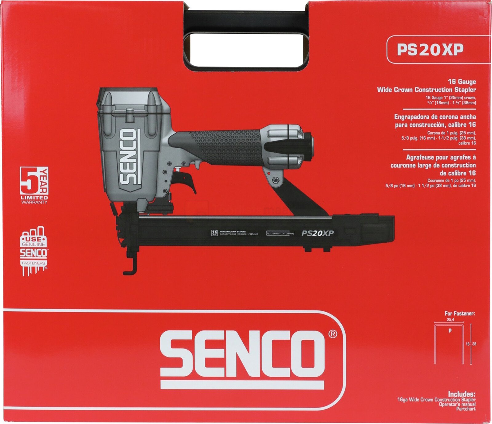 Pildil on punasel taustal SENCO klambripüstoli PS20XP karp, millel on näha tööriista ennast.