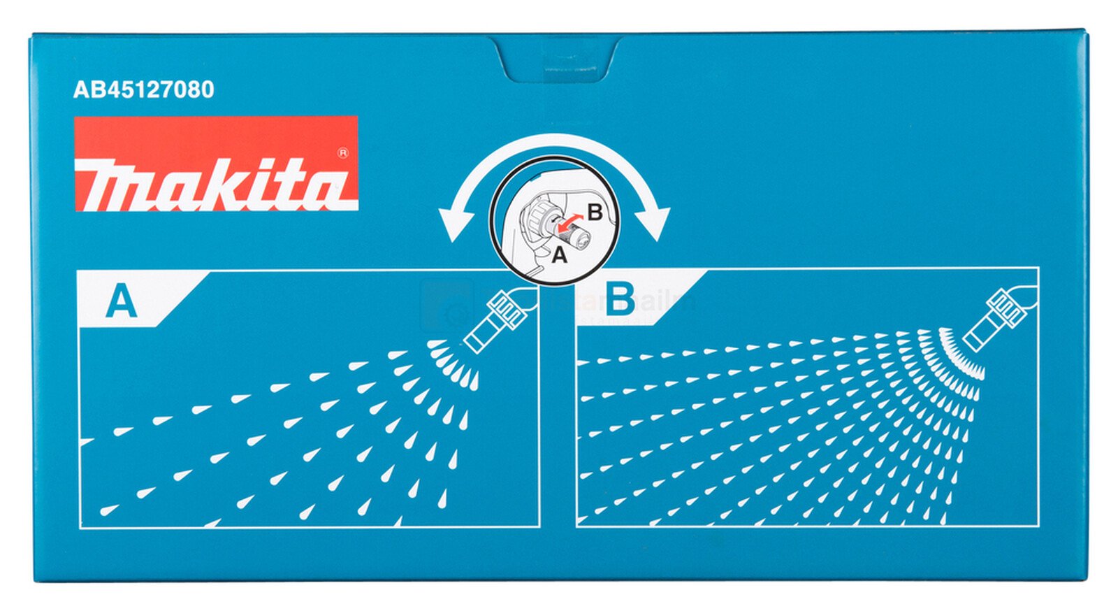 Pildil on Makita lehtriga otsiku DUS054, DUS108, DUS158 aiapritsidele pakend, mis näitab otsiku erinevaid pihustusmustreid.