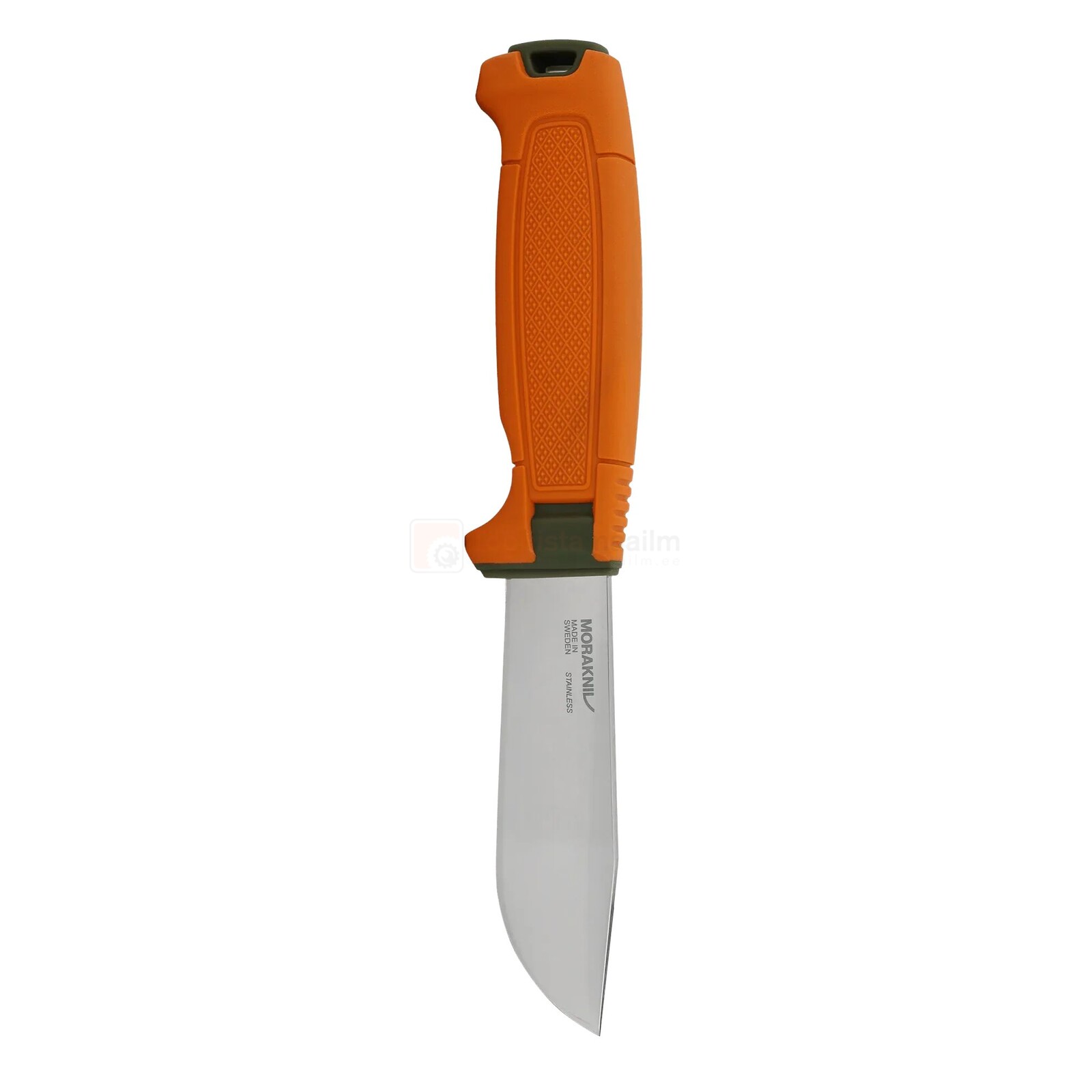 Pildil on näha MORAKNIV jahinuga Amberg Full Flat (S), millel on oranž käepide ja terasest tera.