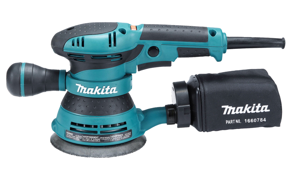 Pildil on Makita ekstsentriline lihvmasin BO5041, millel on kinnitatud tolmukott.