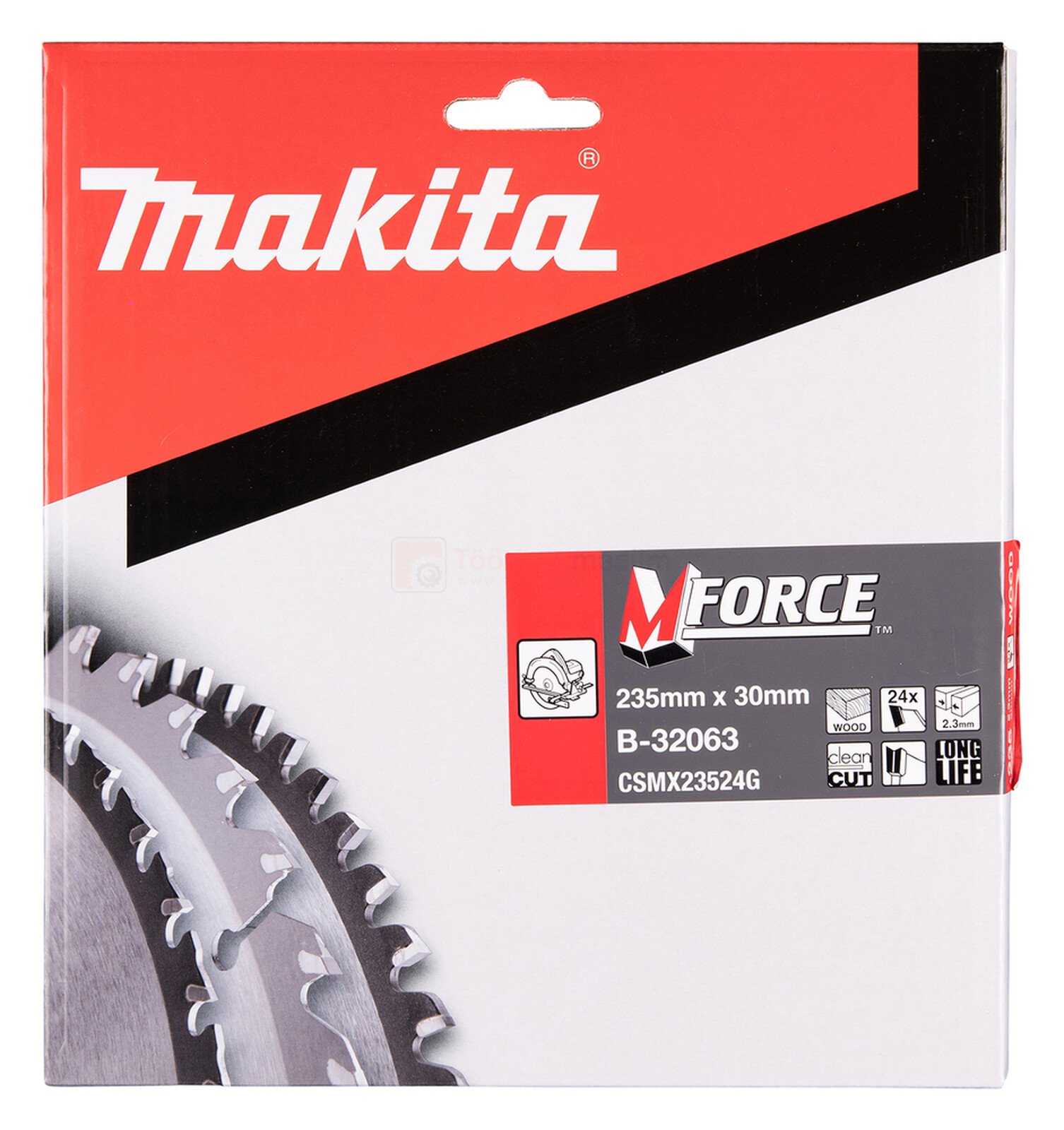 Pildil on Makita saeketas M-FORCE puidule, millel on näha pakend ja saeketta detail.