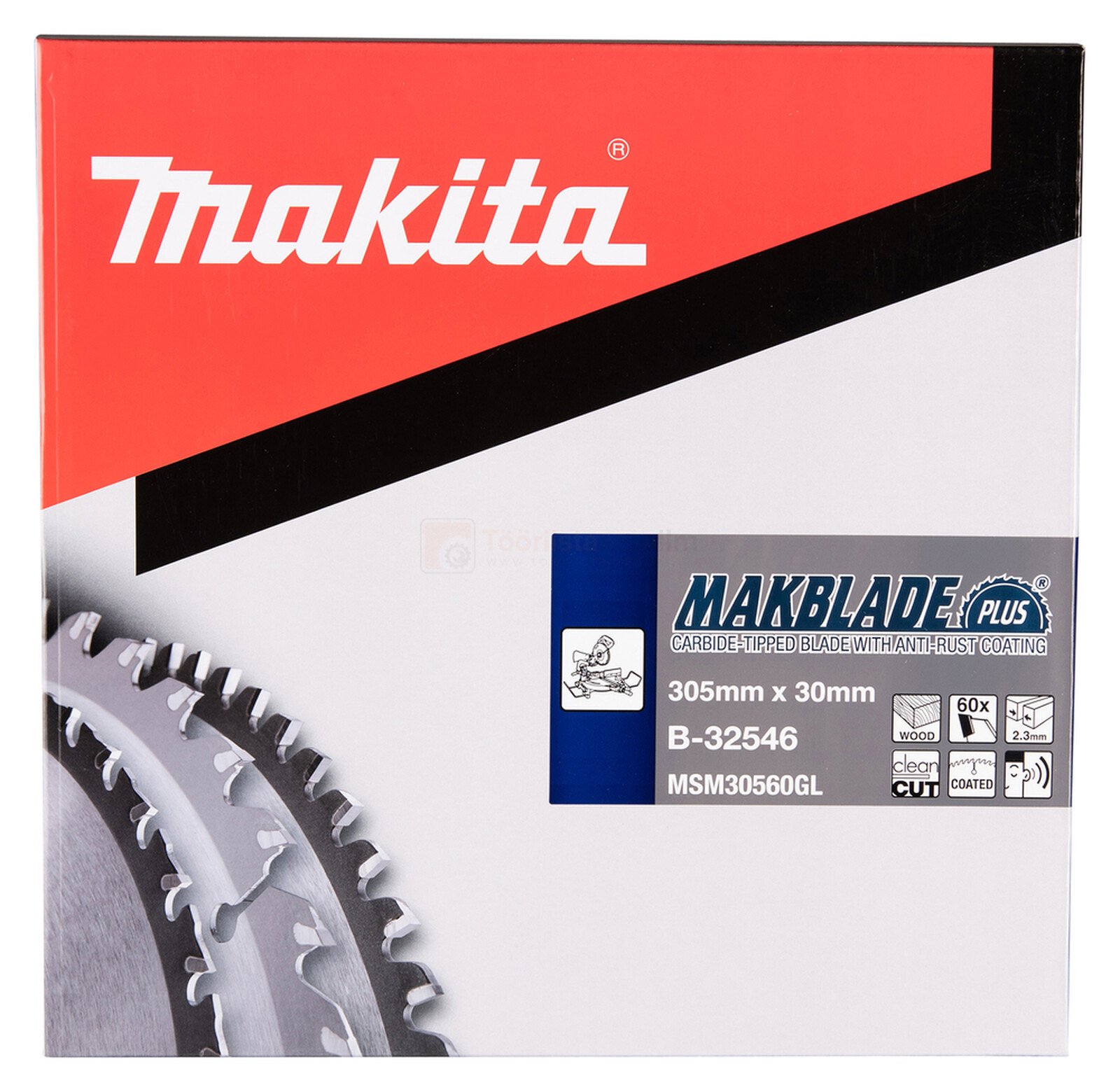 Pildil on Makita saeketas MAKBLADE PLUS, mille pakendil on näha saeketta detaili ja toote spetsifikatsioone.