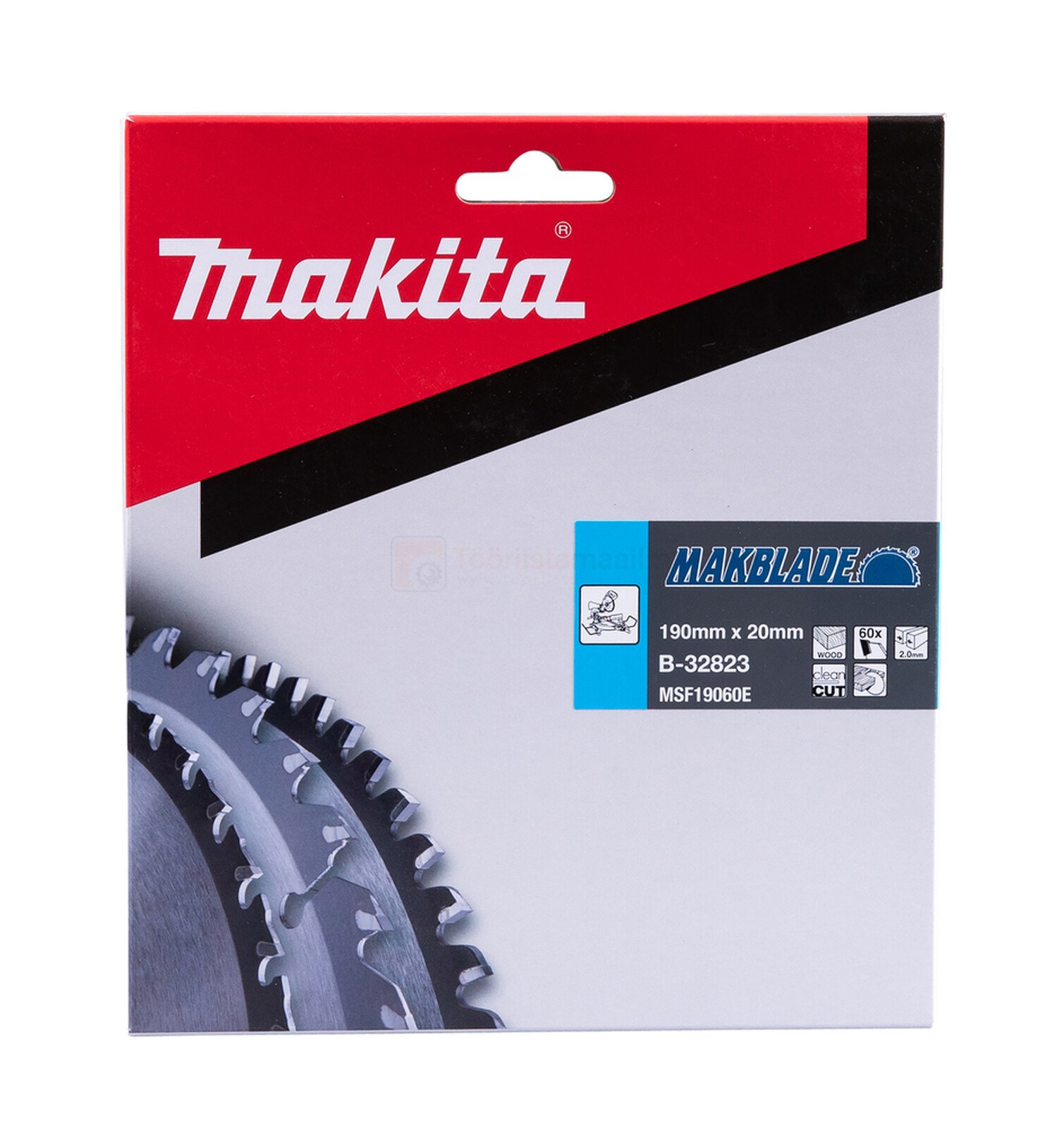 Pildil on Makita saeketas MAKBLADE puidule, mille pakendil on näha saeketta detail ja tootja logo.