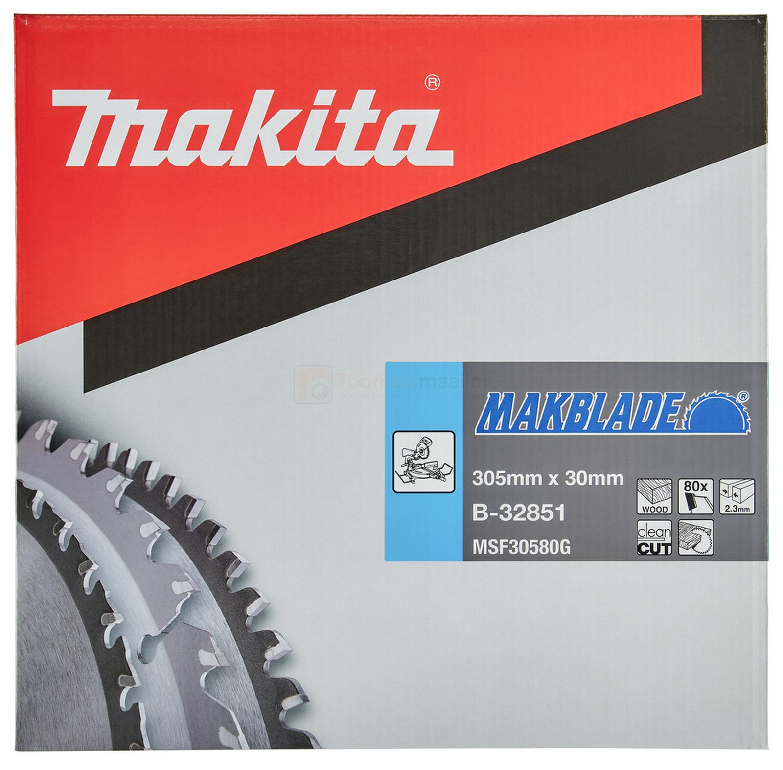 Pildil on Makita saeketas MAKBLADE, millel on näha karp ja saeketta detail.