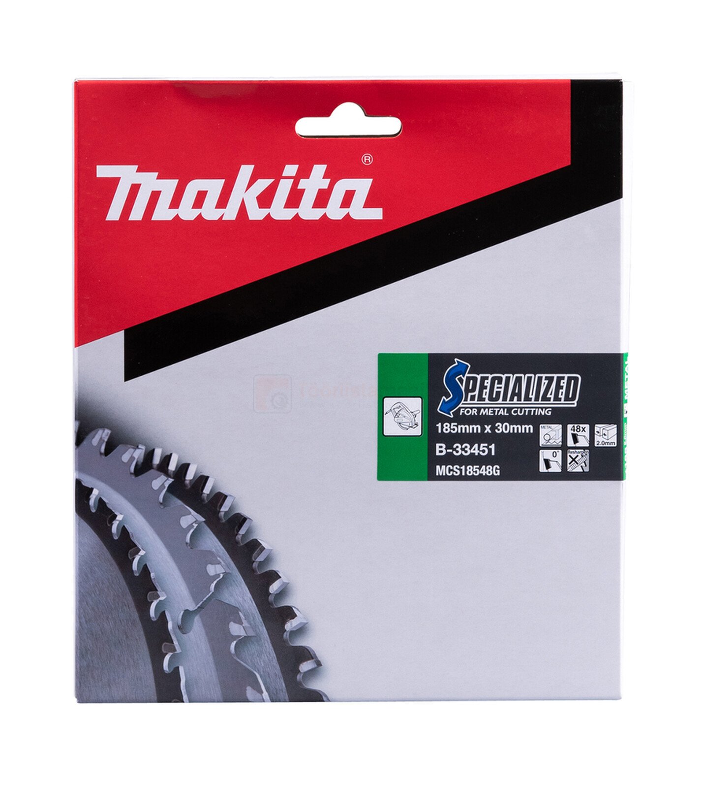 Pildil on Makita saeketas metallile, mille pakendil on näha saeketta hambaid ja tootja logo.