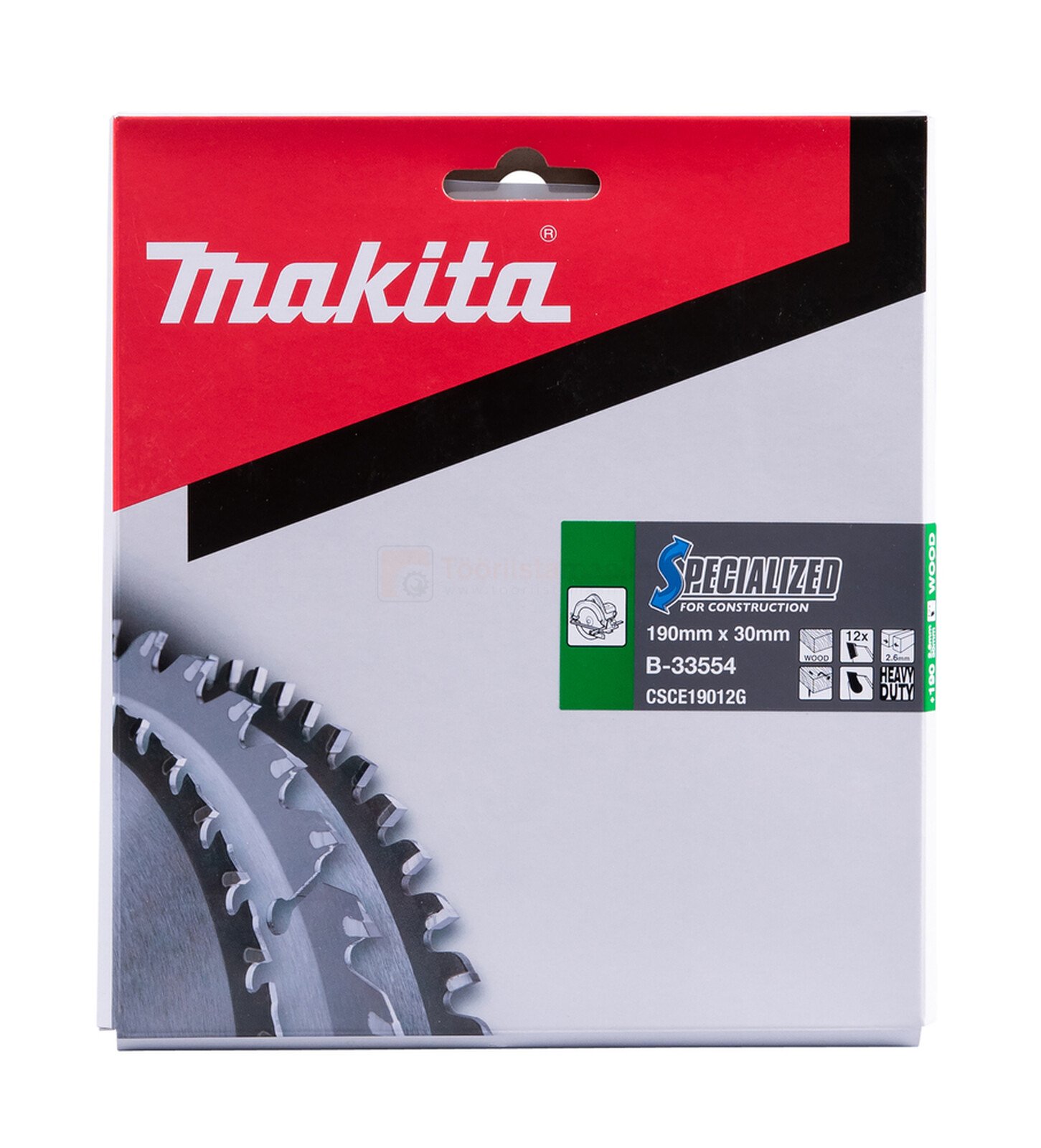 Pildil on Makita saeketas naeltega puidule, mille pakendil on näha saeketta detail ja tootja logo.