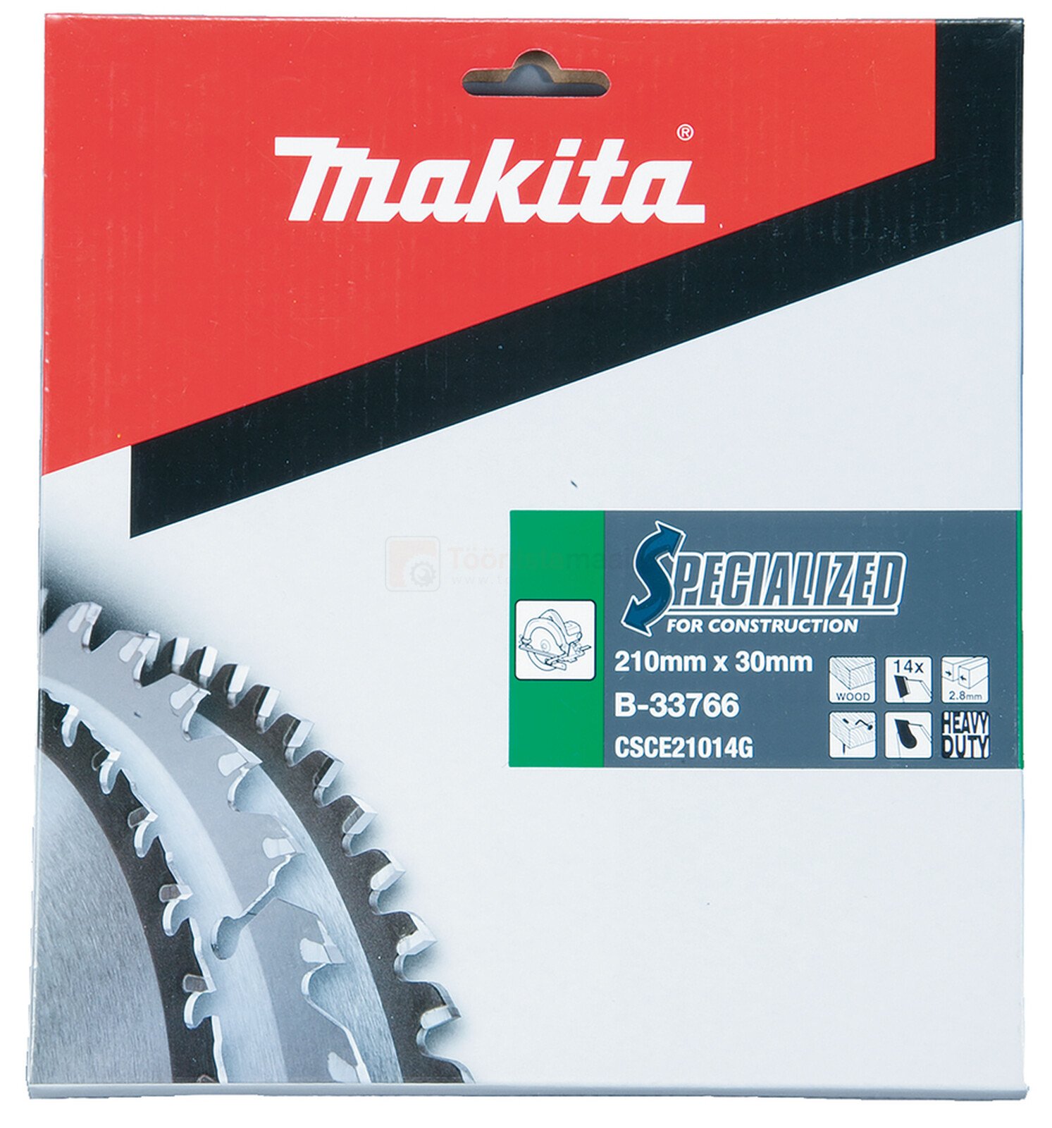 Pildil on Makita saeketas, mis on mõeldud naeltega puidu saagimiseks, ning pakendil on näha saeketta tehnilisi andmeid.