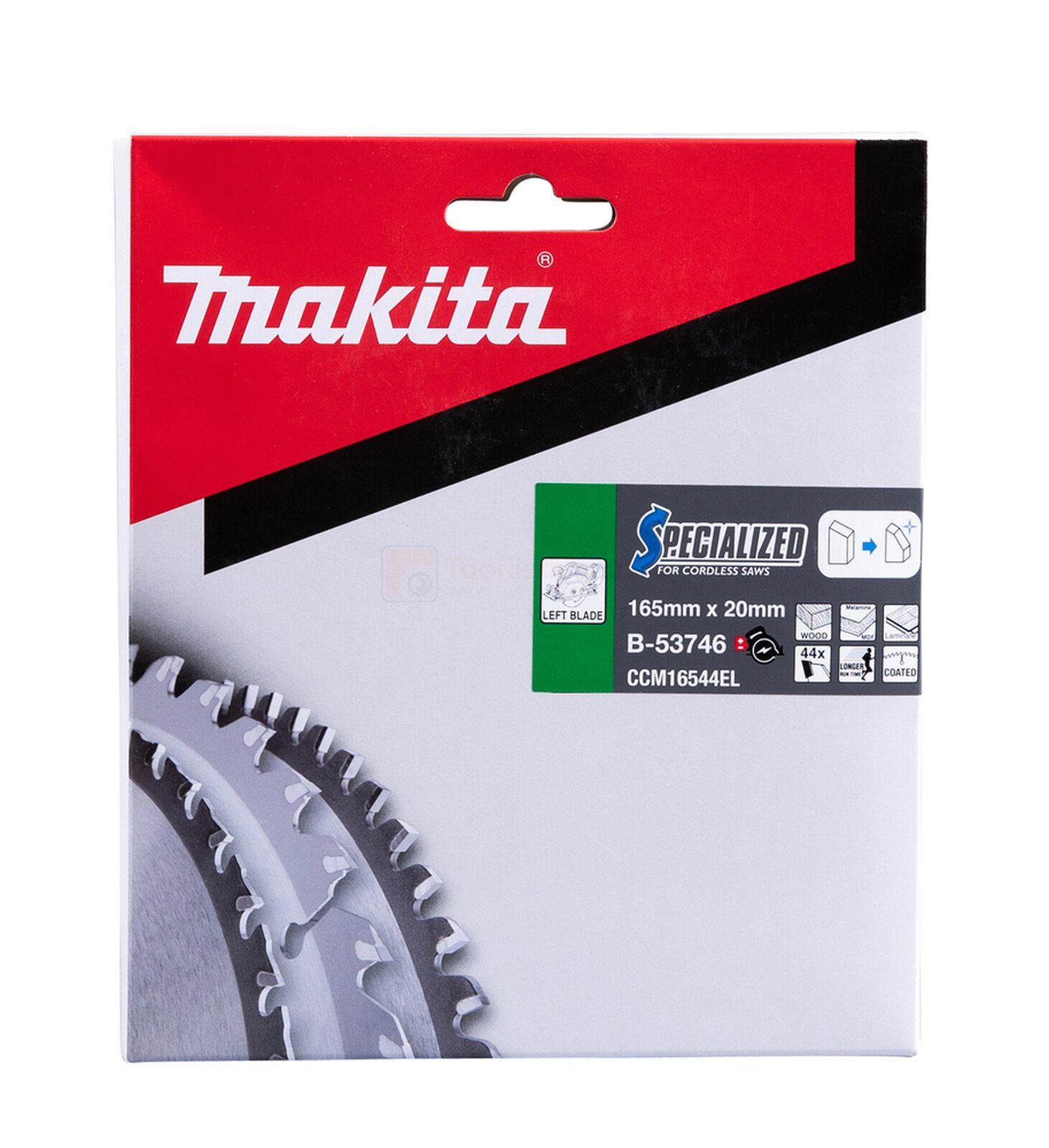 Pildil on Makita saeketas, mis on mõeldud MDF-i ja laminaadi lõikamiseks, ning pakendil on näha saeketta hambaid.