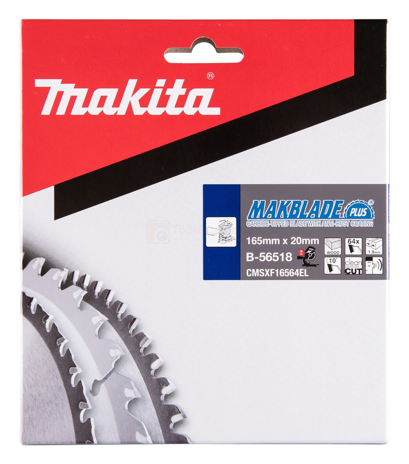 Pildil on Makita saeketas MAKBLADE PLUS puidule, mille pakendil on näha saeketta detail ja toote spetsifikatsioonid.
