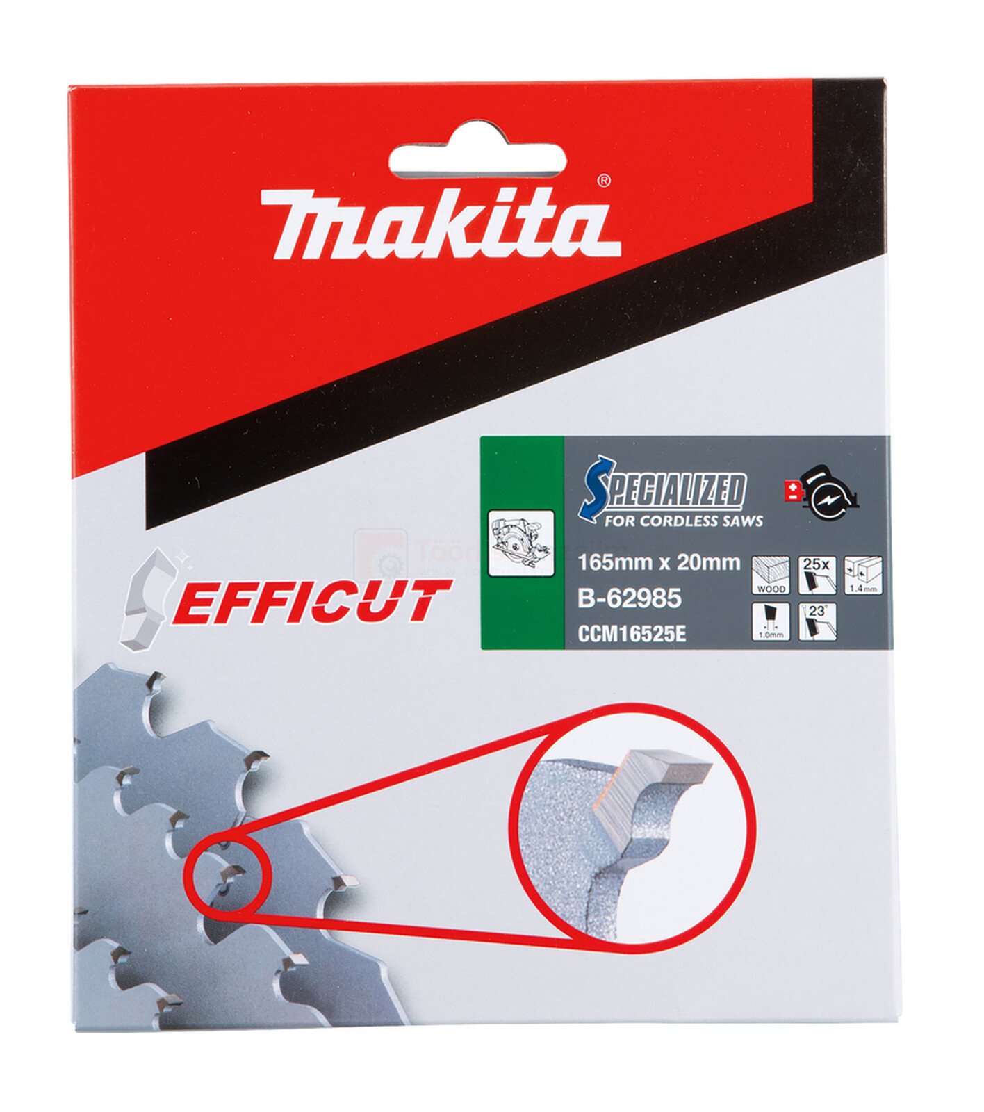 Pildil on Makita saeketas EFFICUT, millel on näha pakend ja detailne vaade saeketta hambale.