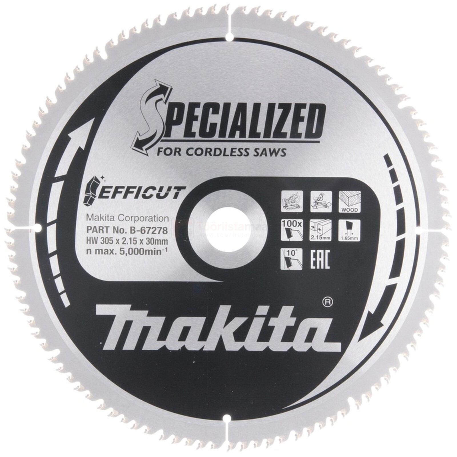 Pildil on Makita EFFICUT saeketas, millel on mitmeid tehnilisi andmeid ja märgistusi.