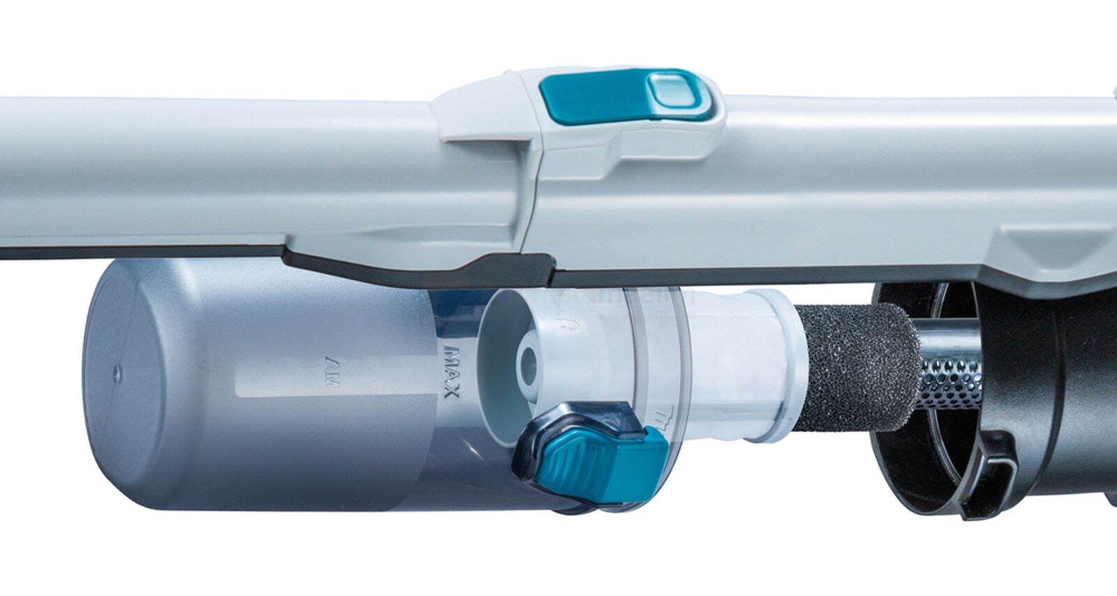 Pildil on Makita aku varstolmuimeja CL004GZ, XGT, millel on näha tolmuimeja erinevaid osi, nagu tolmukonteiner, filter ja...