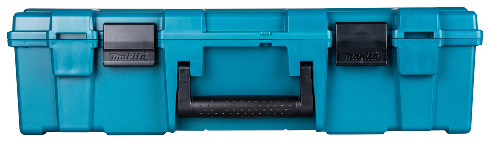 Pildil on sinine Makita tööriistakohver, millel on kaks klappi, käepide ja Makita logo.
