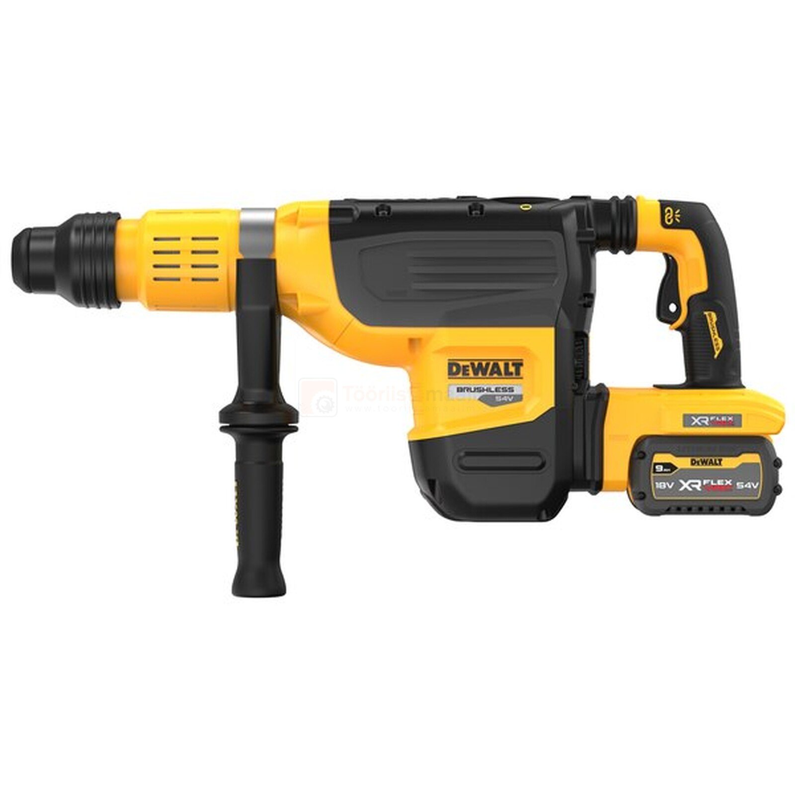 Pildil on kollane-must DeWalt Flexvolt DCH775X2 akupuurvasar, millel on küljekäepide, aku ja SDS-Max kinnitus.