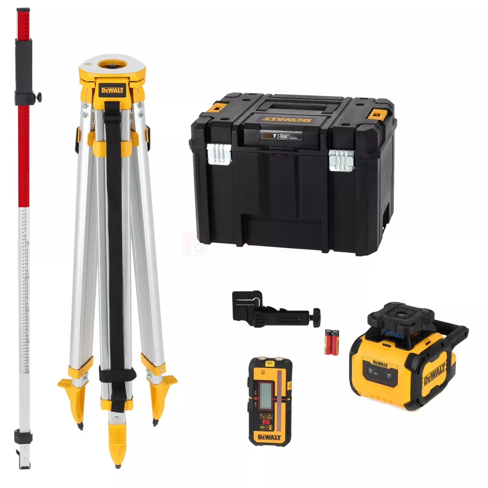 Pildil on näha DeWalt pöördlaseri DCLE05211RL komplekt, mis sisaldab laserseadet, statiivi, mõõdulinti, laadijat, akusid...
