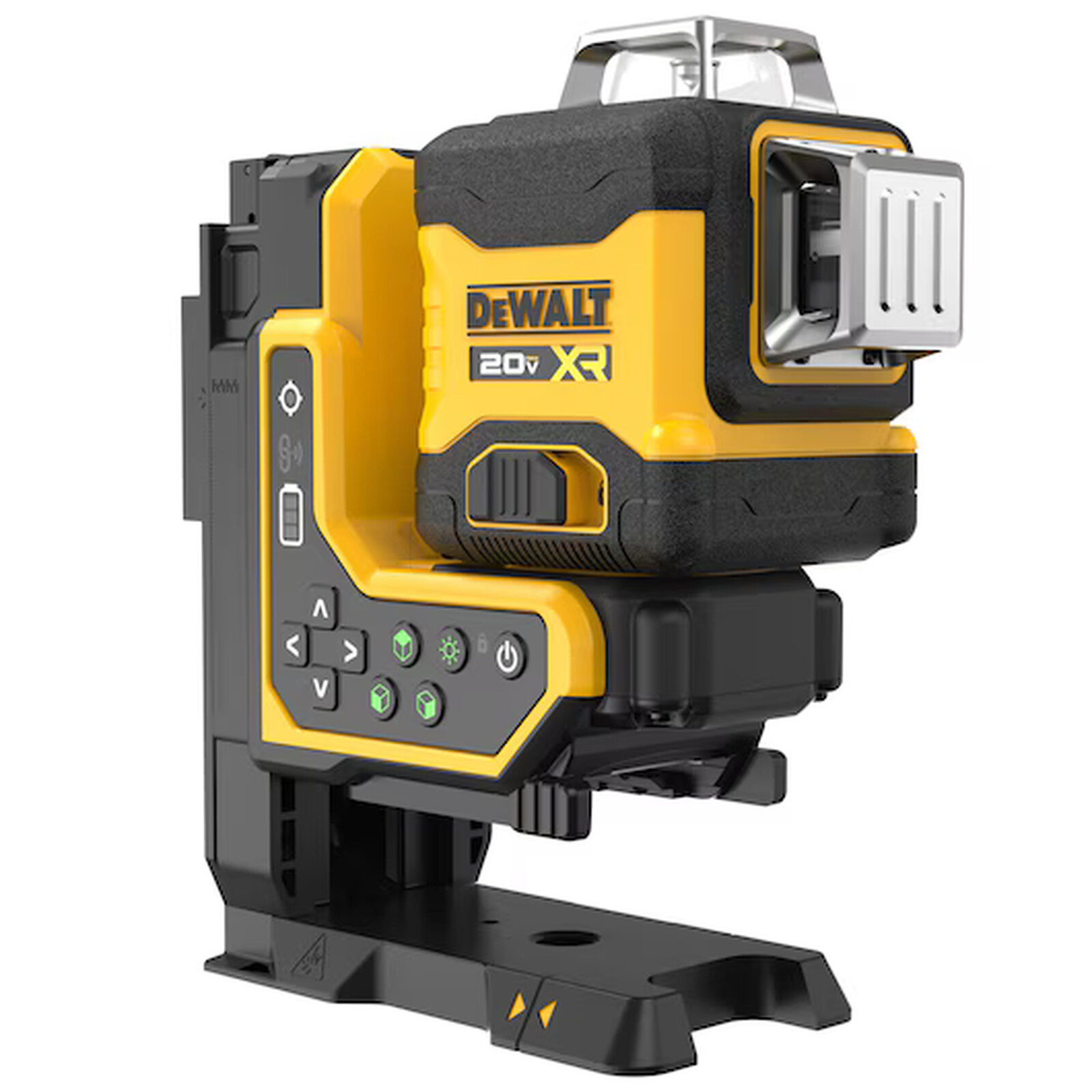 Pildil on DeWalt ristlaser DCLE34035D1, millel on kollase ja musta värvi korpus, juhtnupud ning küljes kinnitatud statiiv.