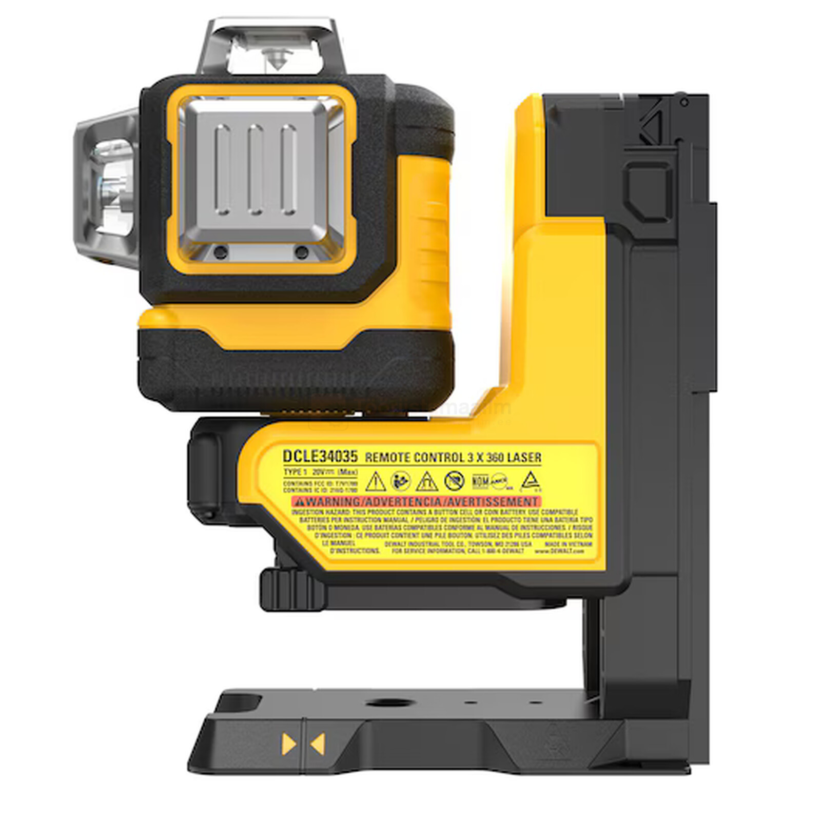 Pildil on näha kollane ja must DeWalt ristlaser DCLE34035D1 koos selle kinnitus- ja reguleerimisvahenditega.