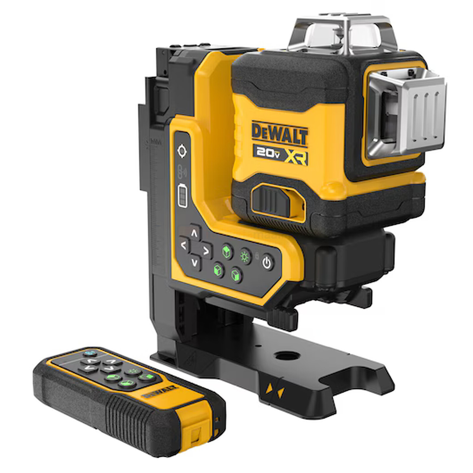Pildil on DeWalt ristlaser DCLE34035D1 koos kaugjuhtimispuldiga, mis on paigaldatud alusele.