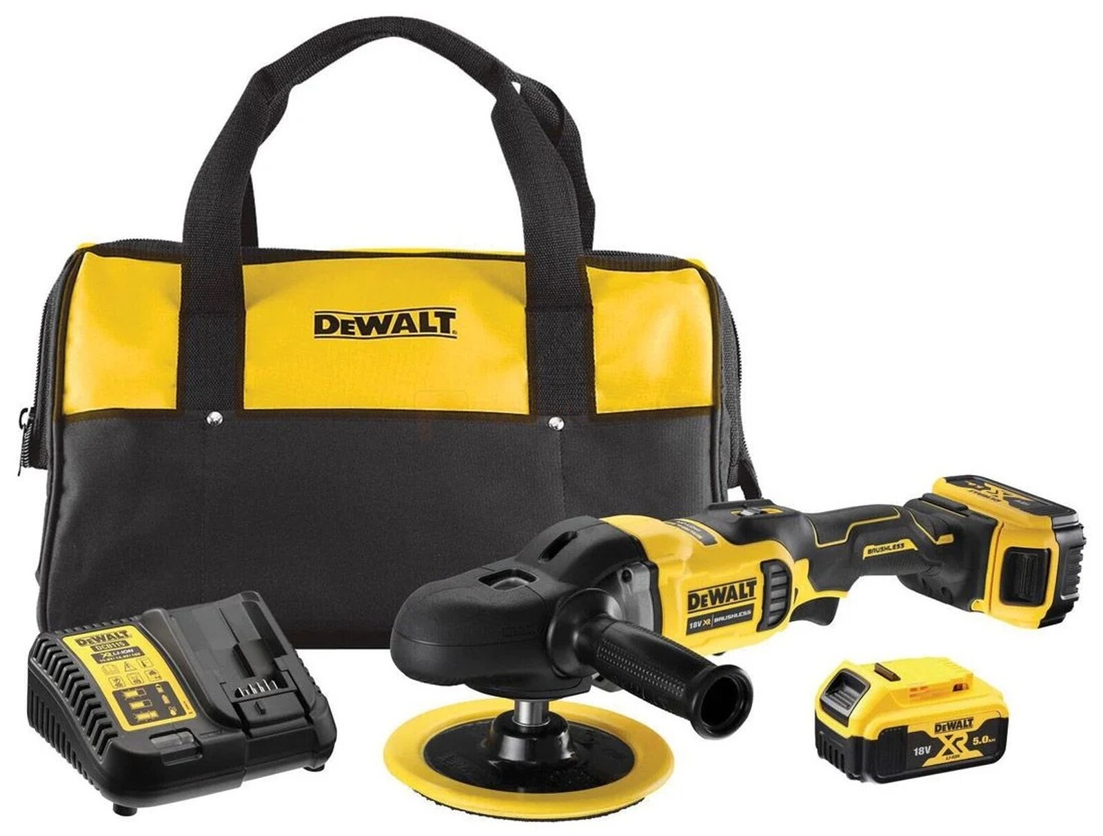 Pildil on näha Dewalt akupoleerija DCM849P2-QW koos laadija, akude ja hoiukotiga.