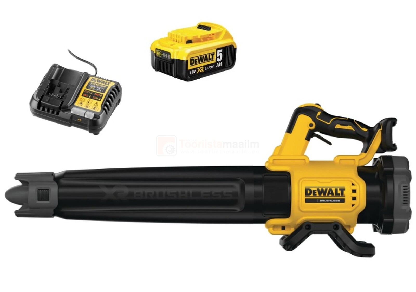 Pildil on näha DeWalt akutoitega lehepuhur DCMBL562P1 koos laadija ja akuga.