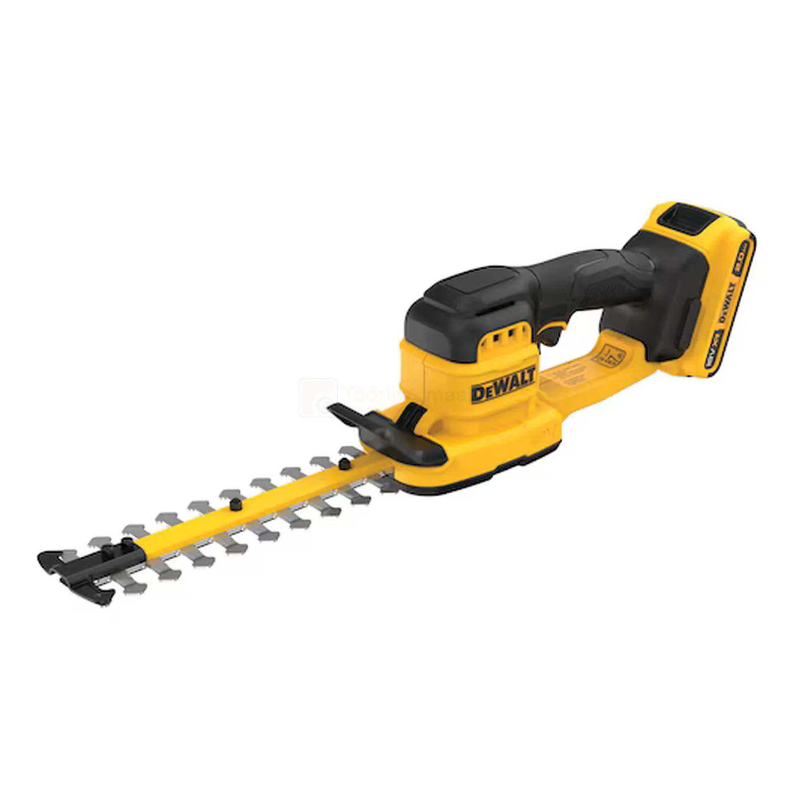 Pildil on DeWalt akuhekipügaja, mis on kollane ja must ning sellel on metallist saelehed, samuti on näha aku ja käepide.