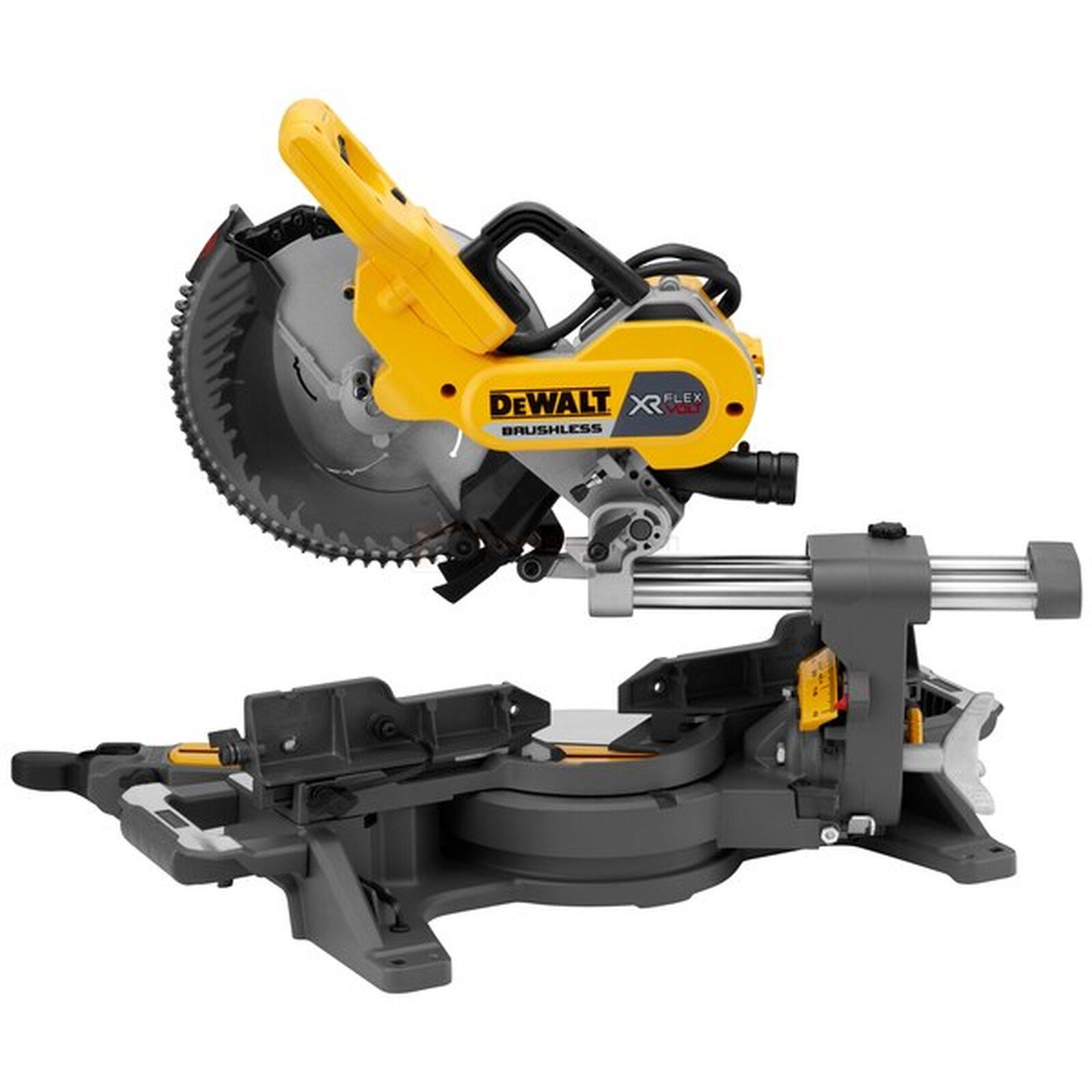 Pildil on kollane ja must DeWalt FlexVolt DCS727N akutoitega miiusaepink, millel on saeketas ja töölaud.