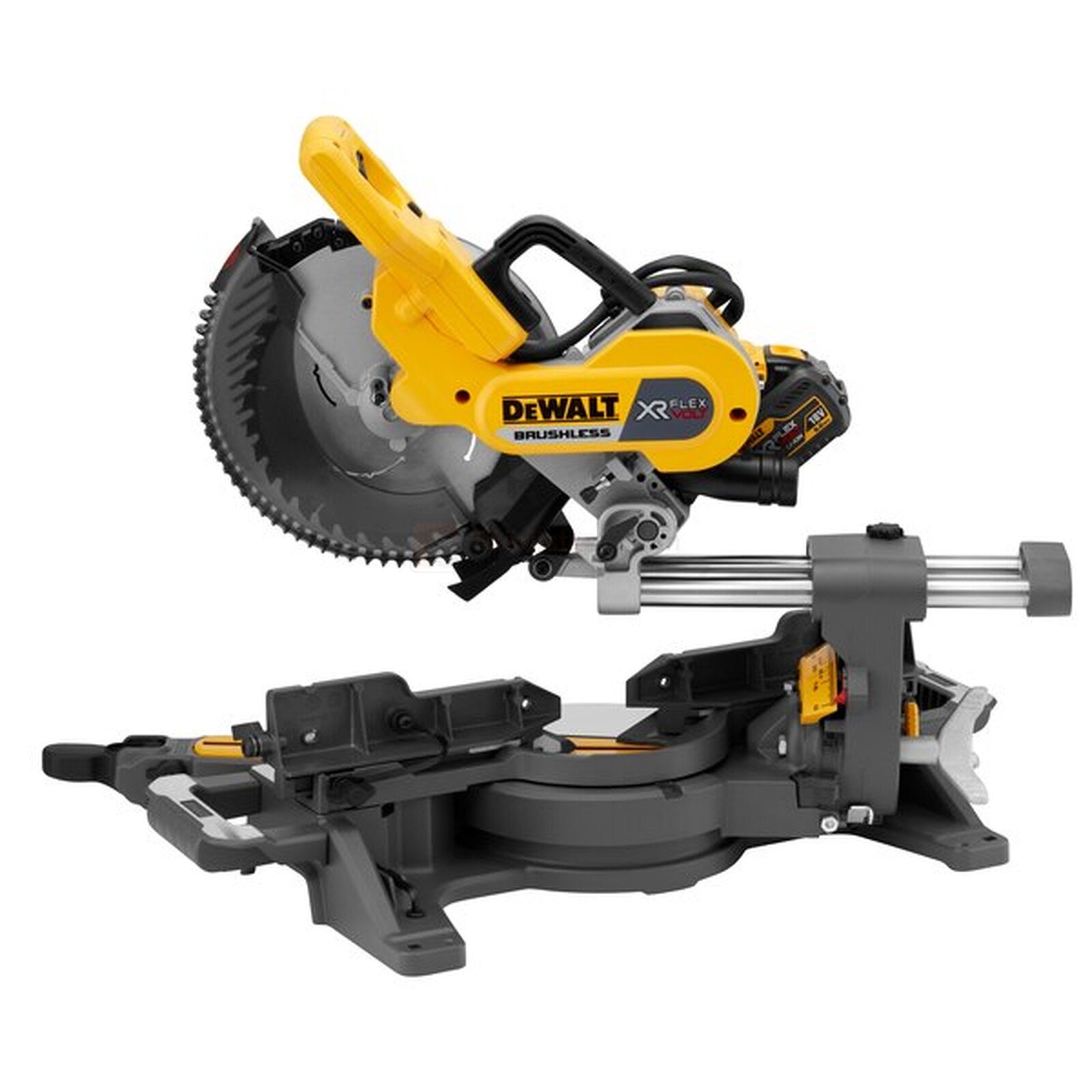 Pildil on kollane ja must DeWalt FlexVolt DCS727T2 akutoitega miiusaepink, mis on nähtav küljelt.