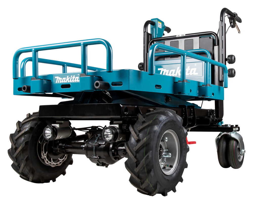 Pildil on Makita akutoitega tõstuk-käru DCU601Z, millel on suur kandepind, tugevad rehvid, esituled ja Makita logo.