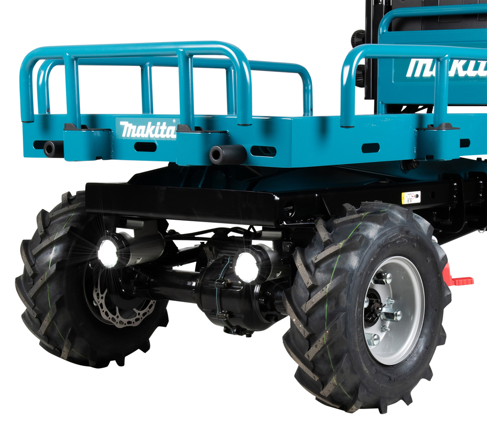 Pildil on Makita akutoitega tõstuk-käru DCU601Z, millel on suured rattad, tuled ja korv.