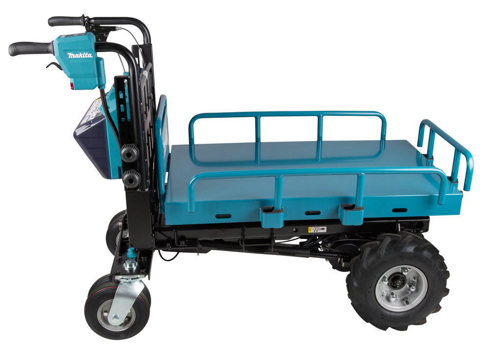 Pildil on Makita akutoitega tõstuk-käru DCU601Z, millel on suur kandepind ja tõstmisfunktsioon, samuti on näha...