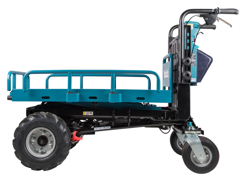 Pildil on Makita akutoitega tõstuk-käru DCU601Z, millel on suur rattasüsteem ja rooliratta juhitavus, ning sellel on korv...