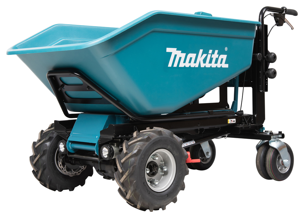 Pildil on Makita akutoitega aiakäru DCU603Z, ilma akuta ja laadijata, millel on suur roheline konteiner, jämedad rehvid...