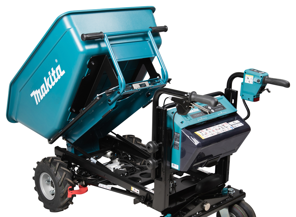 Pildil on Makita akutoitega aiakäru DCU603Z, mis on turqoiisi värvi ning mille vanker on tõstetud ülesse, näidates seadet...