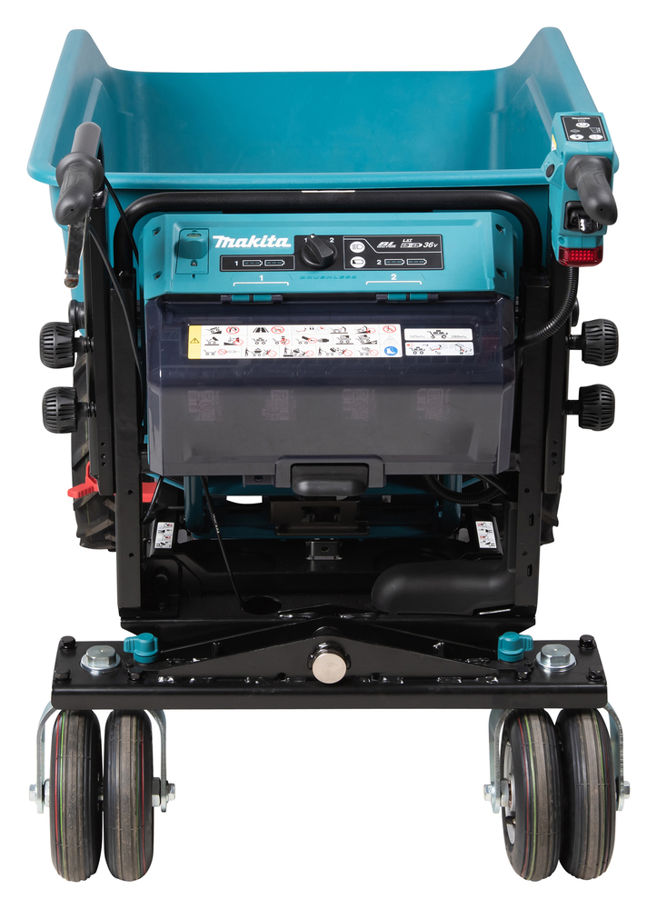 Pildil on Makita akutoitega aiakäru DCU603Z, mida näidatakse eestvaates, näidates kontrollnuppe, korvi ja nelja ratast.