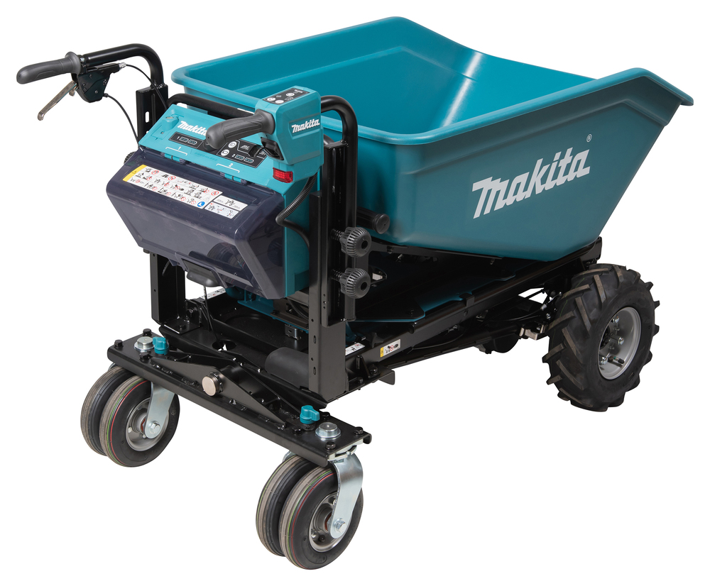 Pildil on Makita akutoitega aiakäru DCU603Z, millel on suur sinine kast ja mis on mõeldud aiatöödeks.