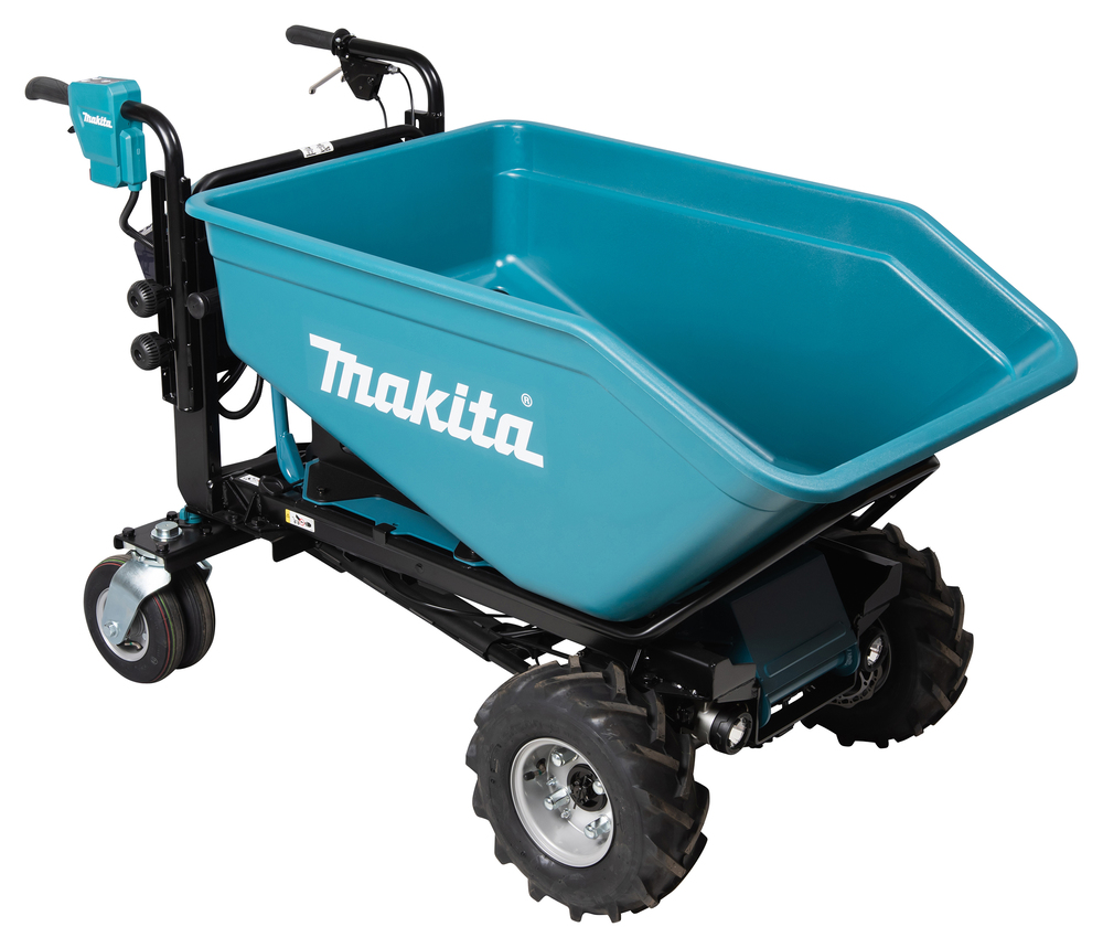 Pildil on Makita akutoitega aiakäru DCU603Z, mis on mõeldud ehitus- ja aiandustöödeks ning millel on suur sinine kast.