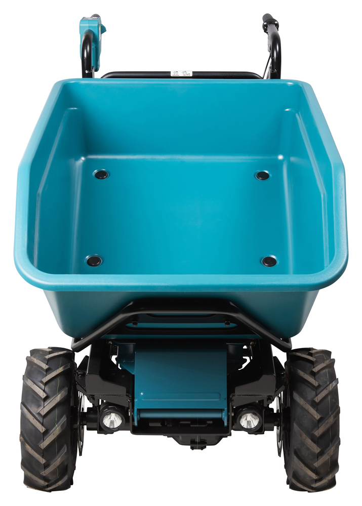 Pildil on Makita akutoitega aiakäru DCU603Z, ilma aku ja laadijata, nähtuna eestvaates, kus on näha käru korpus, rattad...