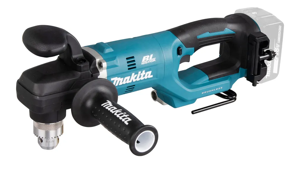 Pildil on näha Makita akunurktrell DDA450ZK, mis on erksinise ja musta värvi tööriist, millel on küljes kaks käepidet ja...
