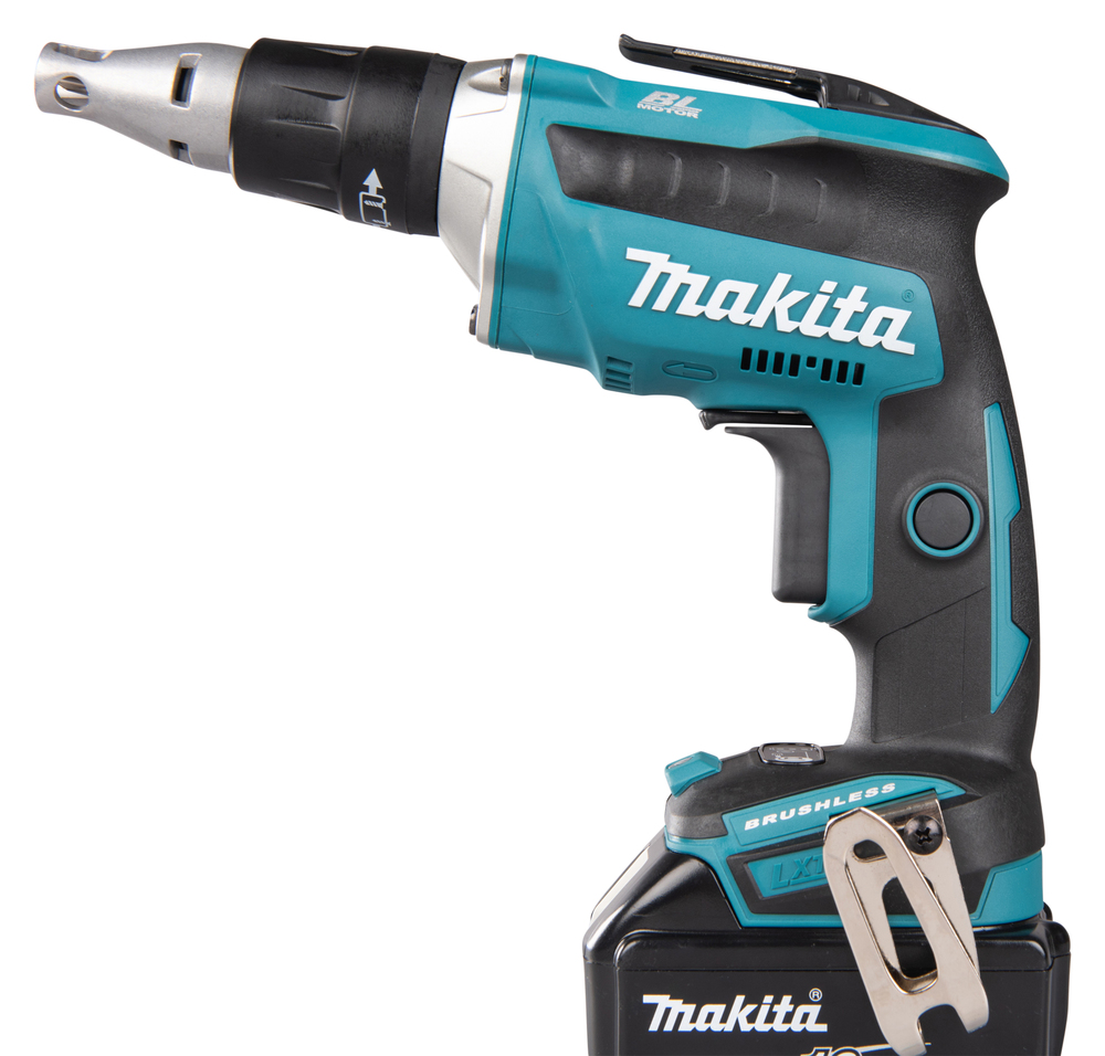 Pildil on Makita akukruvikeeraja DFS452Z, millel on must ja türkiisivärvi korpus, aku ja tööriistakinnitus.