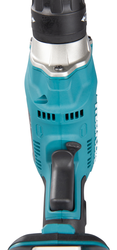 Pildil on detailne vaade Makita akukruvikeeraja DFS452Z korpusest, nähtav on käepide, lülitid, ventilatsiooniavad ja...