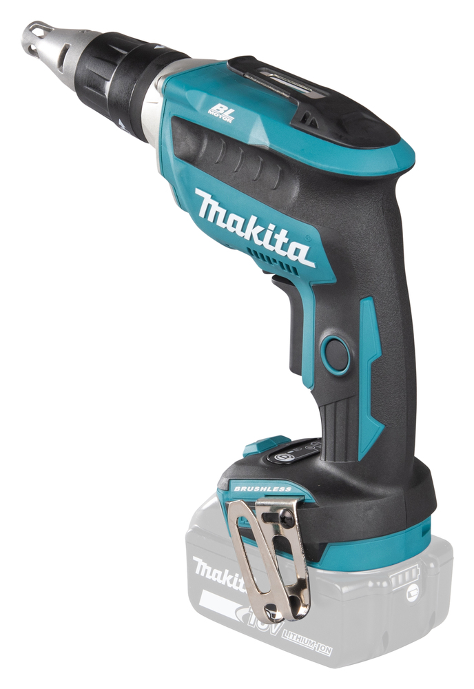 Pildil on Makita akukruvikeeraja DFS452Z, millel on must korpus türkiissiniste detailidega ja mis on kinnitatud akule.