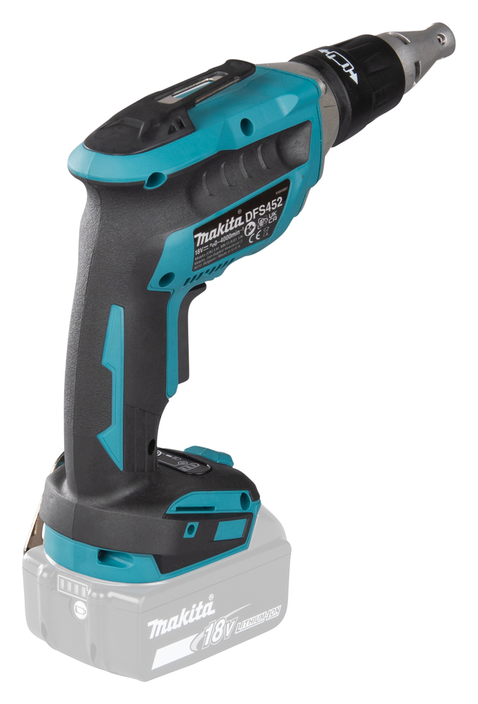 Pildil on Makita akukruvikeeraja DFS452Z, mis on ilma aku ja laadijata, nähtavana on seadme korpus koos detailidega.
