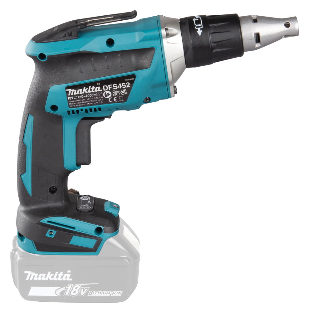 Pildil on Makita akukruvikeeraja DFS452Z, mis on musta ja türkiissinise värviga ning millel on peal Makita logo ja...