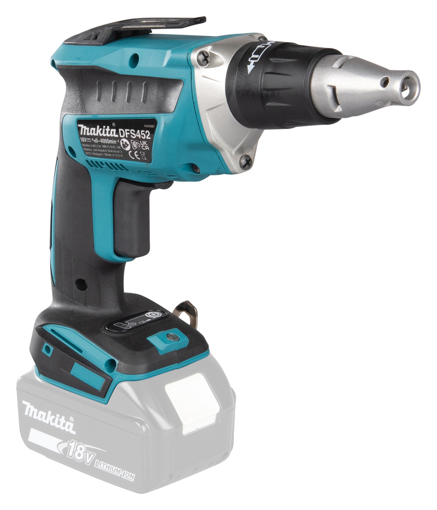 Pildil on Makita akukruvikeeraja DFS452Z, millel on peal tumesinine ja helesinine värvilahendus, lisaks näeb pildil ka...