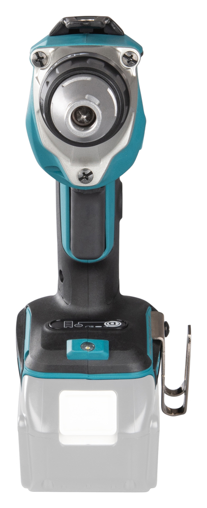 Pildil on Makita akukruvikeeraja DFS452Z, millel on näha tööriista pea, käepide, aku kinnituskoht ja külge kinnitatud konks.
