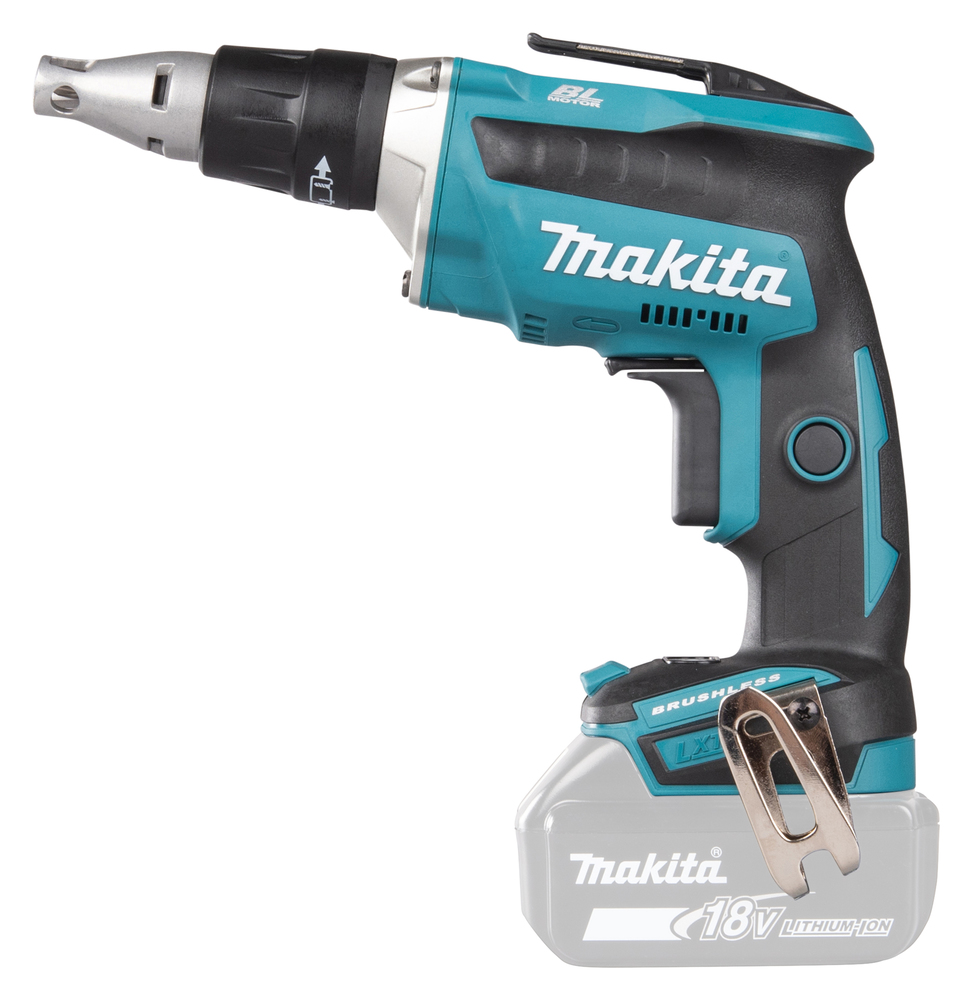 Pildil on Makita akukruvikeeraja DFS452Z, mis on musta ja türkiissinise värviga ning millel on peal Makita logo ja aku...