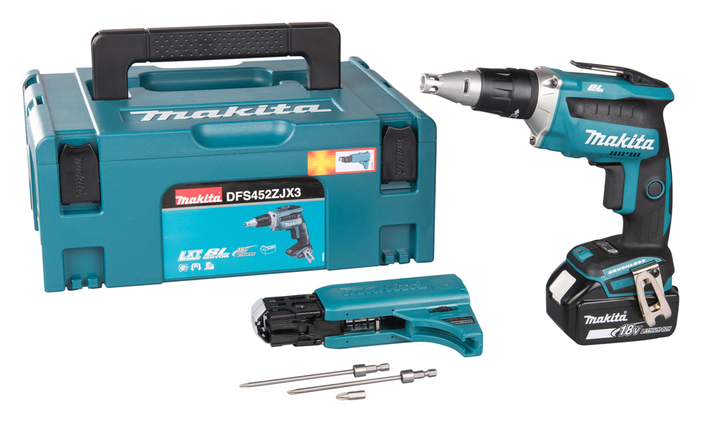 Pildil on Makita akukruvikeeraja DFS452ZJX3 koos karbi, lisatarvikute ja ilma akuta.