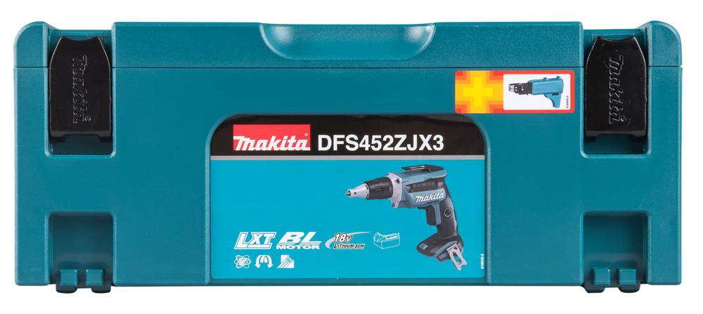 Pildil on Makita akukruvikeeraja DFS452ZJX3 karp, mis näitab toote tüüpi ja brändi.